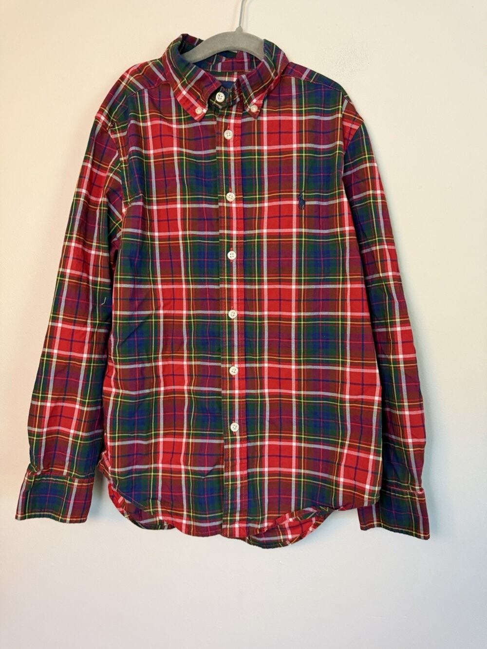 Ralph Lauren Holiday Polo Plaid Button Down Oxford Shirt Red Green Boys M 8-10